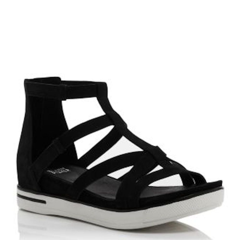 Eileen Fisher Platform Sandals 9.5 Strappy Sporty Casual Zip Back Black Sola